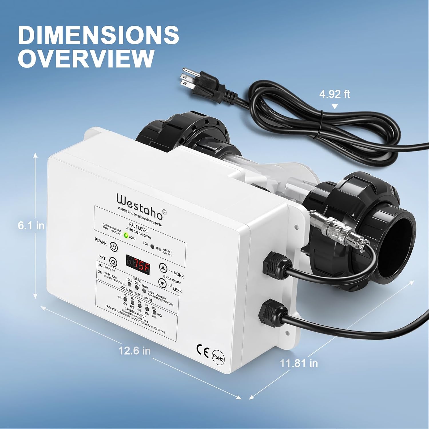Saltwater Pool System, Westaho Salt Chlorine Generator with USA Titanium Cell & Waterproof Control Panel, for Inground Pools up to 15,000 Gallons - Image 4
