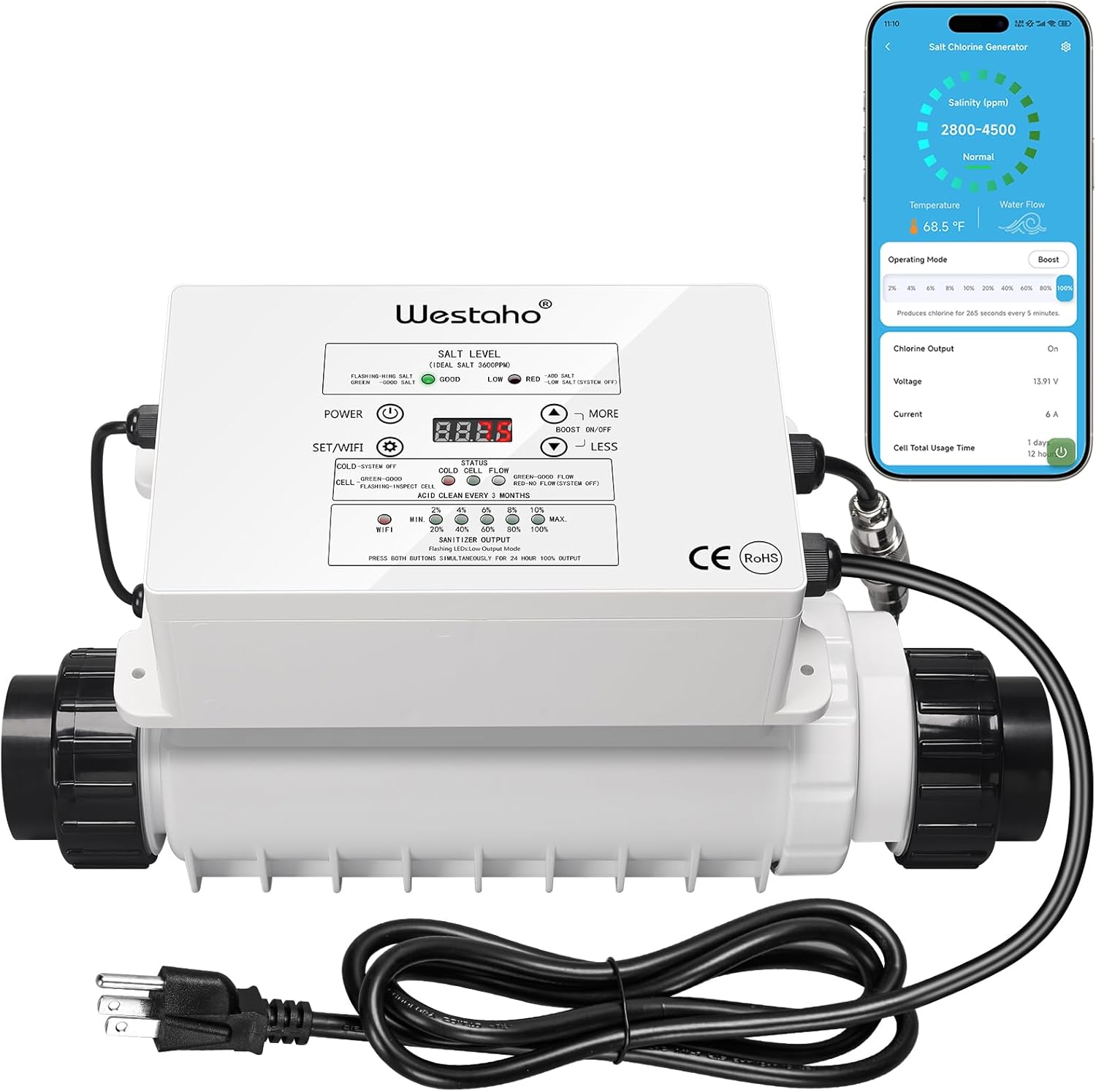 WiFi Salt Chlorine Generator - Westaho Salt Chlorination System with APP Remote Control, USA Titanium Cell, Designed for In-Ground Pools Up to 40,000 Gallons, Smart Monitoring - 1