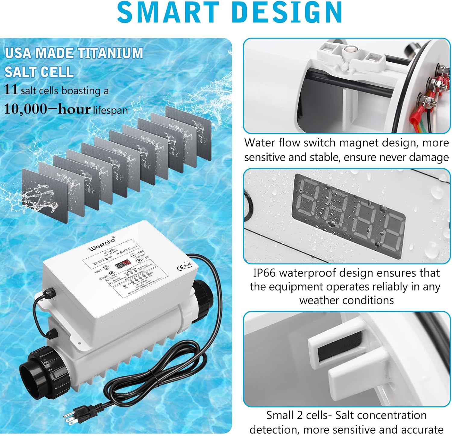 WiFi Salt Chlorine Generator - Westaho Salt Chlorination System with APP Remote Control, USA Titanium Cell, Designed for In-Ground Pools Up to 40,000 Gallons, Smart Monitoring & Real-Time Alerts - Image 6