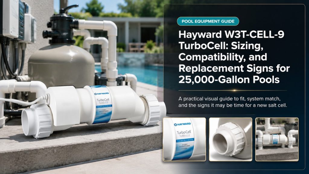 Hayward W3T-CELL-9 TurboCell sizing and replacement guide for a 25,000-gallon salt pool