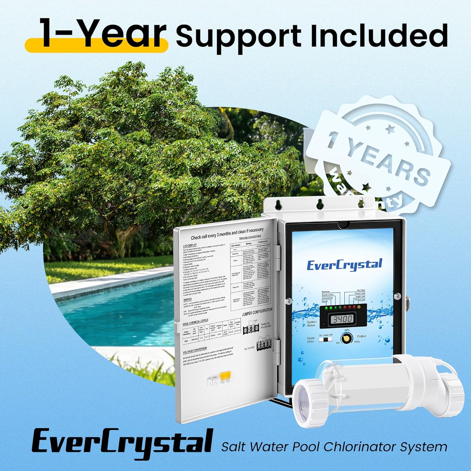 Salt Water Pool Chlorinator System - Up to 40,000 Gallons | For Inground Pools, Self-Cleaning Salt Chlorine Generator, Clear Housing, Flow & Temp Sensors, 1 Year Warranty - Image 7