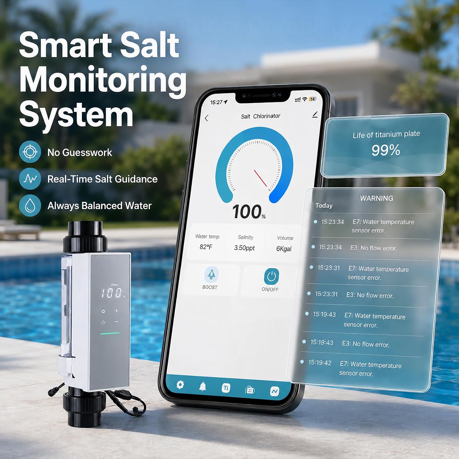 Smart Salt Chlorine Generator with WiFi App Control, Self-Cleaning Titanium Cell, Auto Salt Level Detection, Saltwater Pool Chlorinator System for Pools up to 30,000 Gallons - Image 4