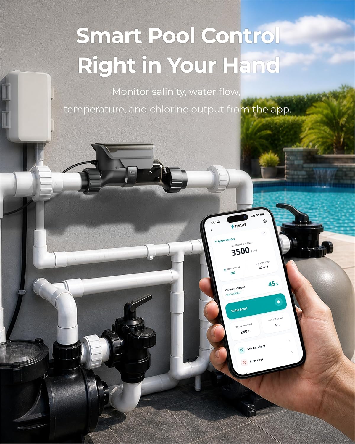 TP20 Salt Chlorine Generator for Pools up to 25,000 Gallons, Smart Salt Chlorinator with App Monitoring, ETL Listed, Auto Reverse Polarity Cell, Standard Plumbing Fit - Image 4