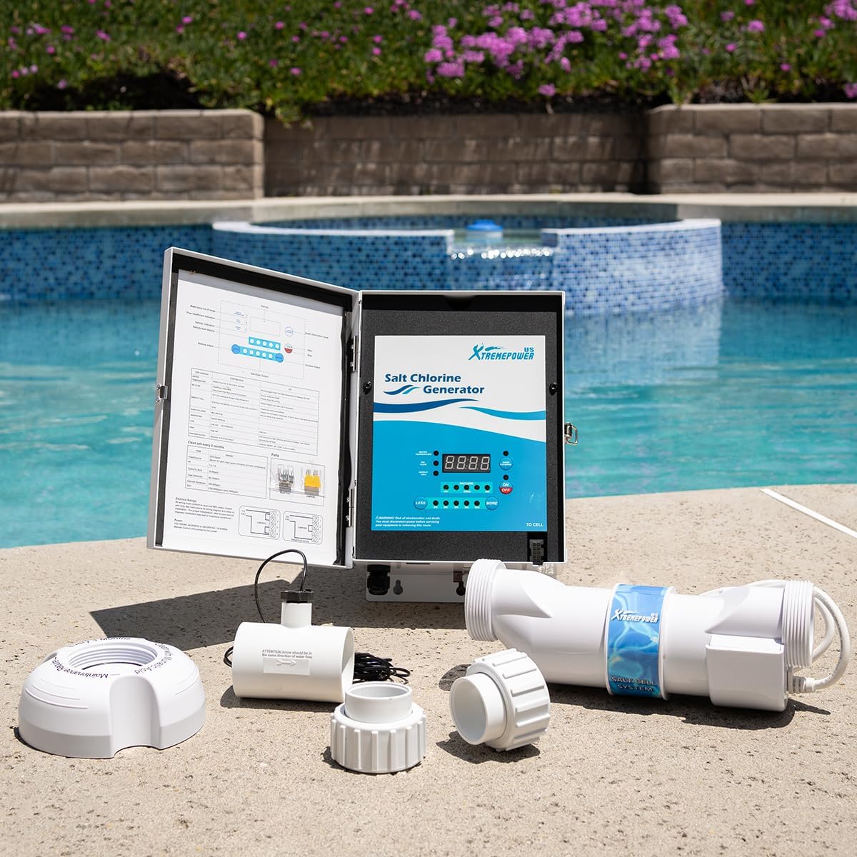 XtremepowerUS 15K Salt Chlorination System for In-Ground Pools Up to 15,000 Gallons Pool Flow Switch Cell Fitting Complete System, Cleaning Stand - 1